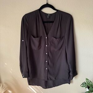 H&M Dark Gray Charcoal Button-Up Sheer Blouse Long Sleeve Top Front Pockets